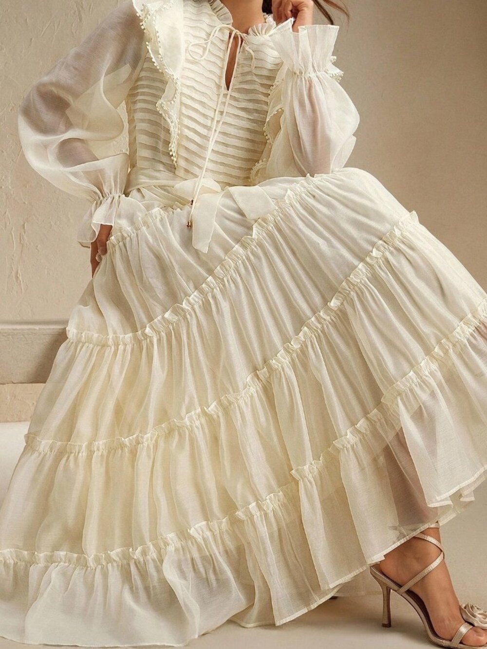 Apricot Elegant Women's Flounce Ruffle High Waist Long A-Line Tie-Neck Dress